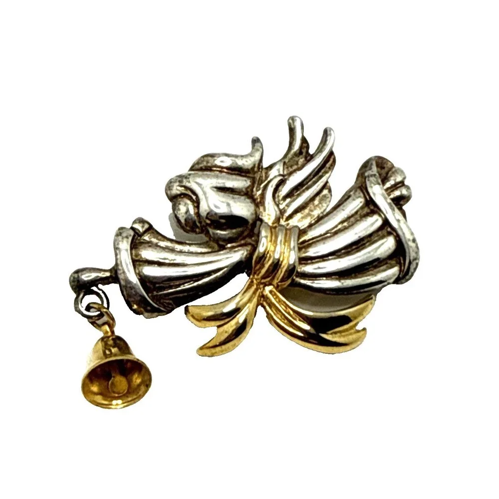 Vintage TONA Angel with Bell Brooch Silver Gold Tone Dangle Charm Pin 2